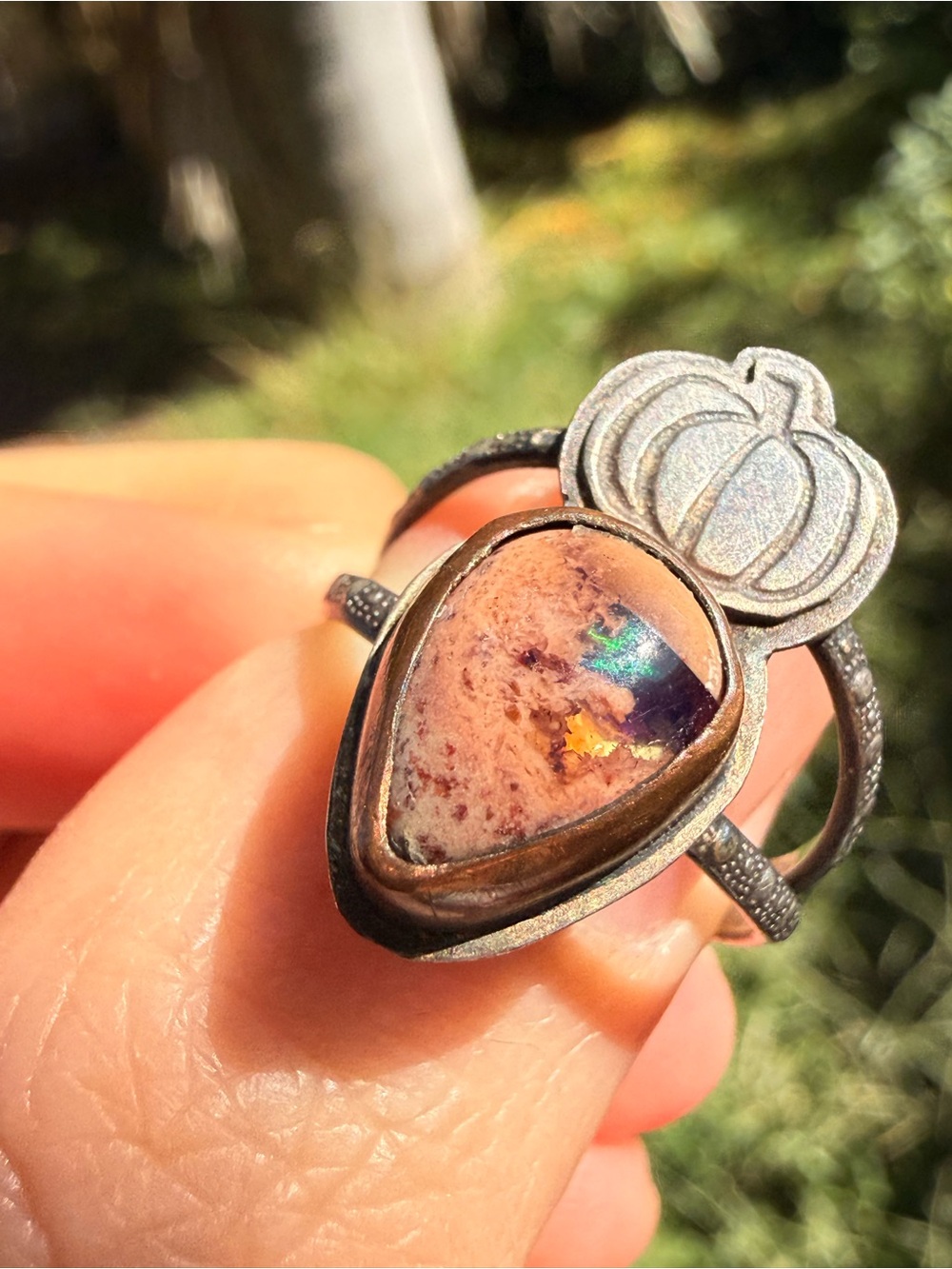 Sterling Silver Mexican Opal Pumpkin Ring Fall Autumn Statement Ring